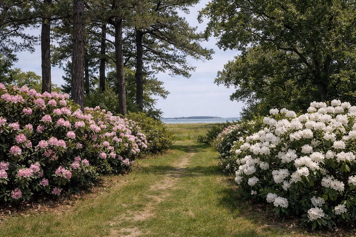 A grass path between flowering rhododendrons under old conifers