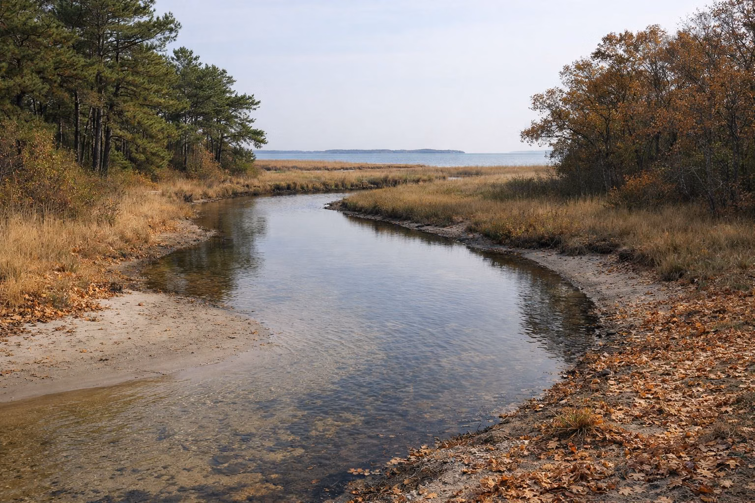 A slow clear river winding through pine and oak woods