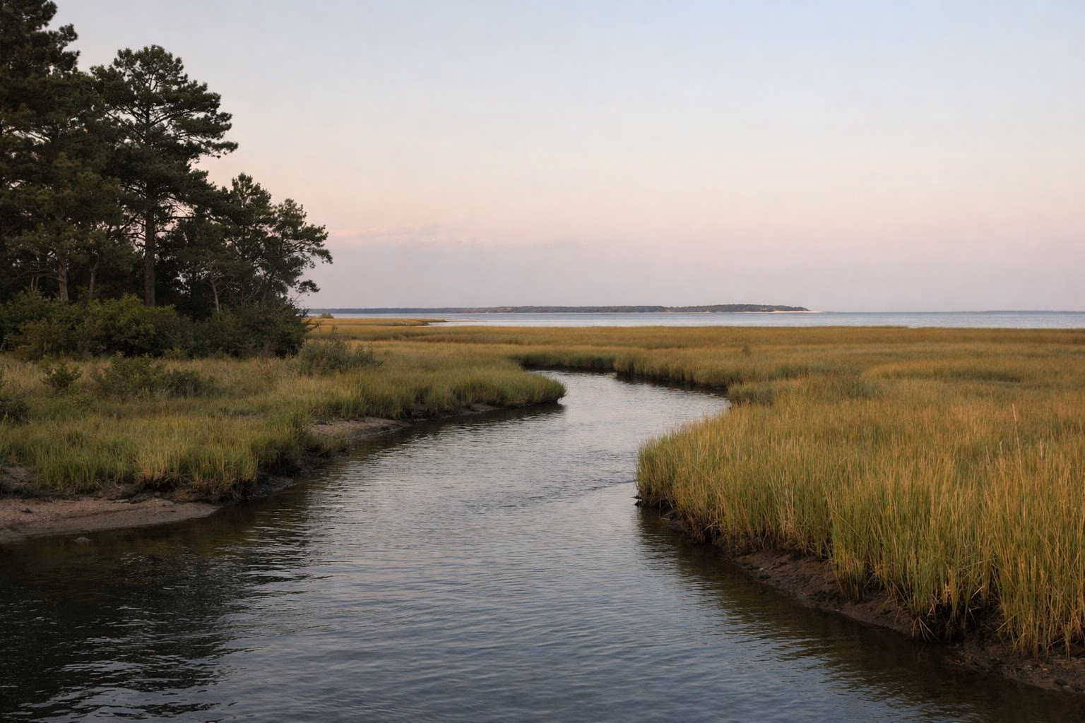 Salt marsh grasses and a tidal creek in evening light