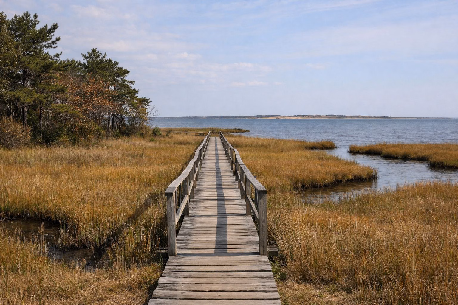 A wooden boardwalk crossing a golden salt marsh toward the bay